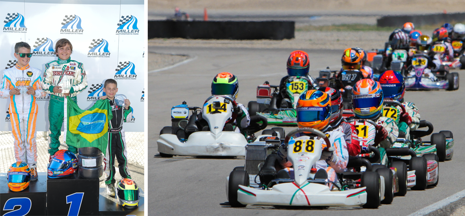 pilot one racing | kaylen frederick | kaylen on podium in 2nd place and action shot of kart race